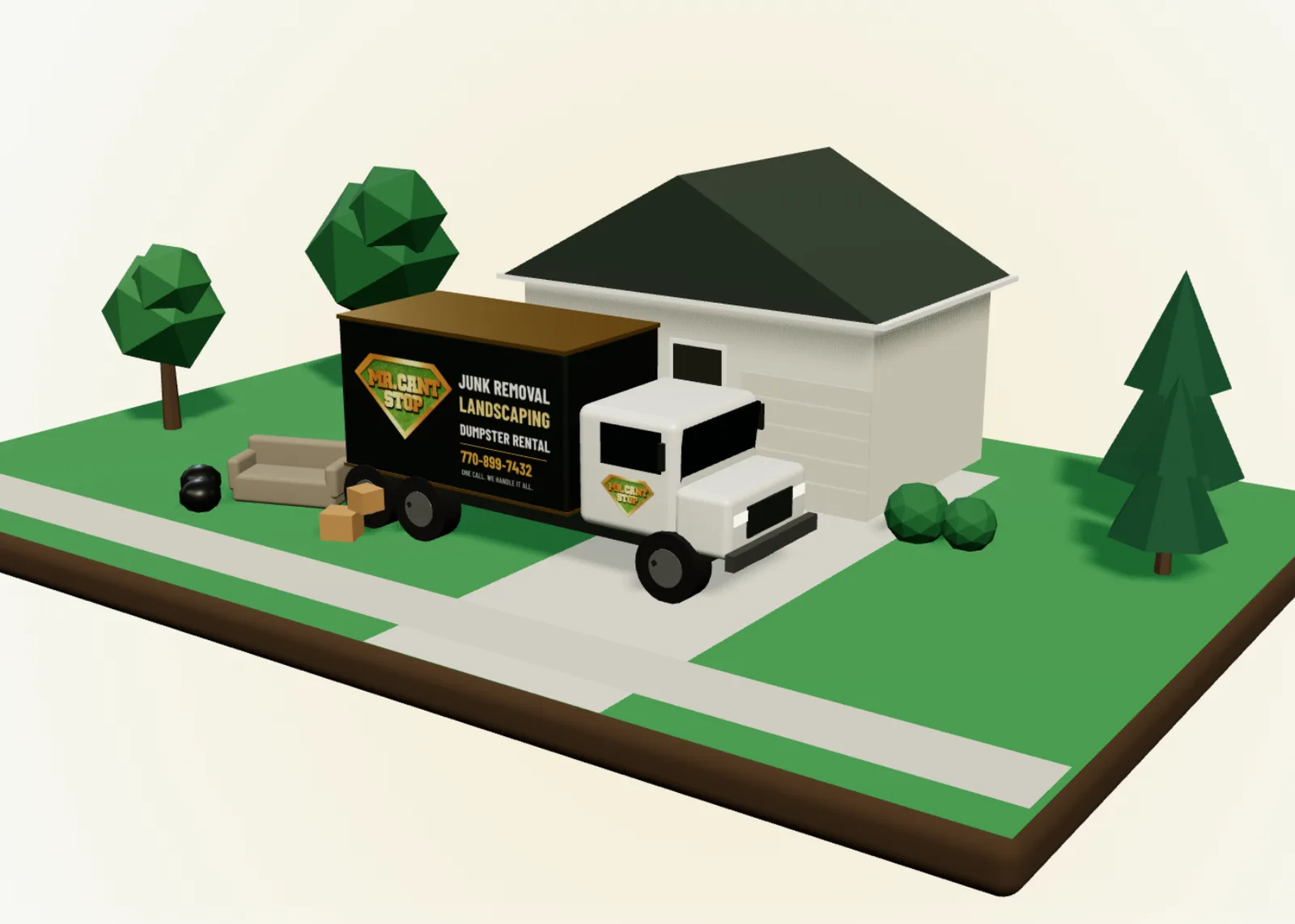 Illustration of a MR. CANT STOP service truck parked in front of a suburban home